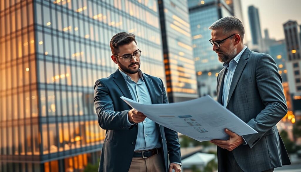 A modern and sophisticated commercial property in a thriving urban setting, showcasing a sleek glass-and-steel façade bathed in warm, golden lighting. In the foreground, a financial advisor presents detailed investment plans to a prospective client, their expressions conveying the potential for lucrative returns. The background depicts a bustling cityscape, highlighting the prime location and growth opportunities of this promising real estate venture.
