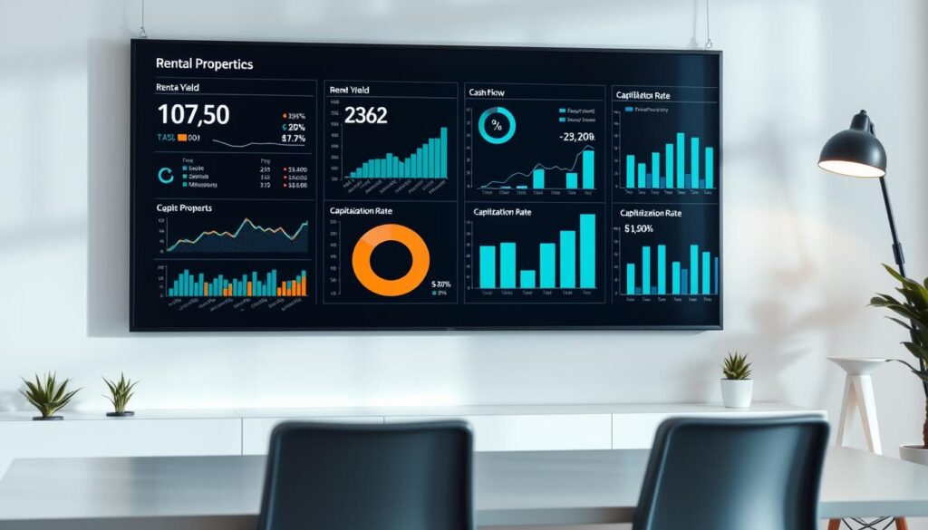 A modern, minimalist office scene with various financial and investment-related charts and graphs displayed on a large digital screen. The scene is well-lit, with soft, directional lighting casting subtle shadows and highlights on the surfaces. The screen displays key performance indicators (KPIs) and metrics relevant to rental properties, such as rental yield, cash flow, and capitalization rate. The background is clean and uncluttered, allowing the focus to remain on the informative visuals. The overall mood is professional, informative, and visually appealing, reflecting the importance of understanding key financial data when investing in rental properties.
